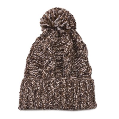 100% alpaca knit hat, 'Chocolate River' - Brown and White 100% Alpaca Hand Knit Cable Stitch Hat