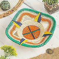 Chambira tree fiber decorative basket, 'Jungle Compass' - Handwoven Chambira Tree Fiber Decorative Basket from Peru