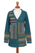 100% alpaca cardigan, 'Patchwork in Teal' - Cable Knit 100% Alpaca Cardigan in Teal from Peru (image 2a) thumbail
