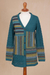100% alpaca cardigan, 'Patchwork in Teal' - Cable Knit 100% Alpaca Cardigan in Teal from Peru (image 2d) thumbail