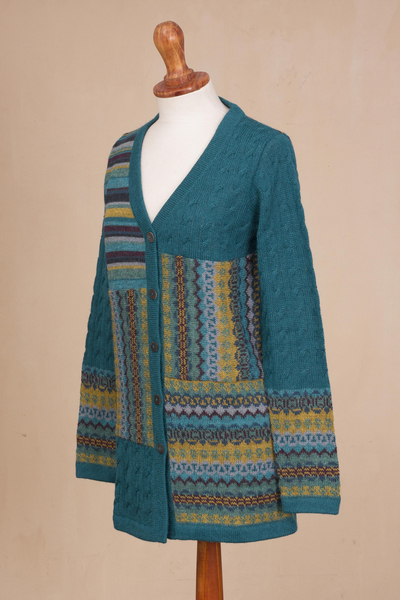 100% alpaca cardigan, 'Patchwork in Teal' - Cable Knit 100% Alpaca Cardigan in Teal from Peru