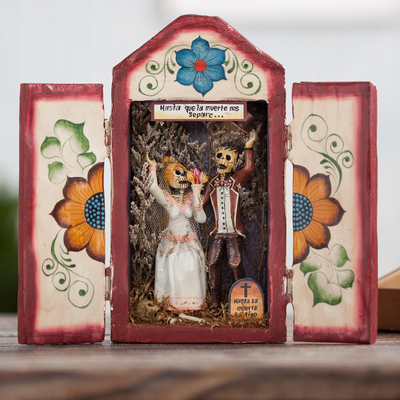 Retablo de madera y cerámica - Retablo de madera y cerámica con tema de boda de Perú