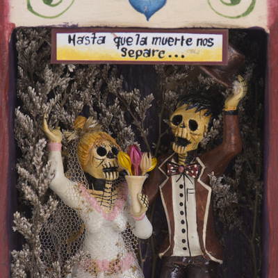 Wood and ceramic retablo, 'Calavera Wedding' - Wedding-Themed Wood and Ceramic Retablo from Peru