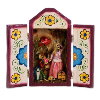 Wood and ceramic retablo, 'Ask for Her Hand' - Romantic Wood and Ceramic Retablo from Peru