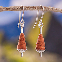 Silver dangle earrings, 'Pumpkin Spools' - Silver and Cotton Dangle Earrings in Pumpkin from Peru