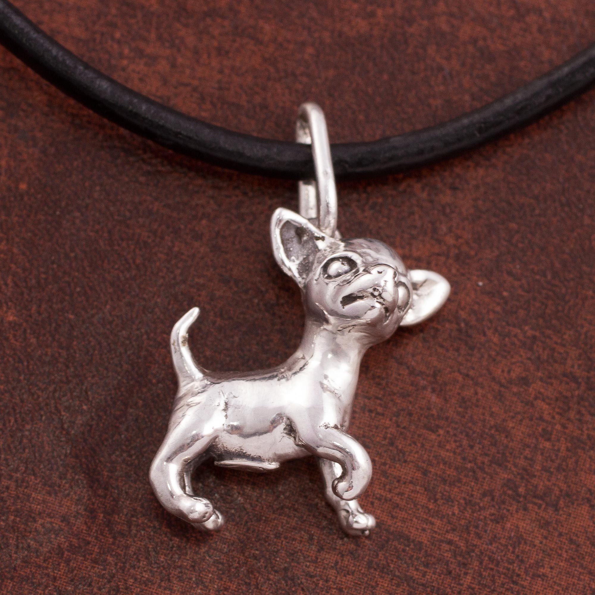 Silver and Leather Chihuahua Pendant Necklace from Peru Cute Chihuahua NOVICA