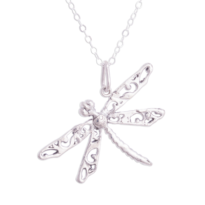 Silver pendant necklace, 'Wings of the Dragonfly' - Artisan Crafted Silver Dragonfly Necklace from Peru