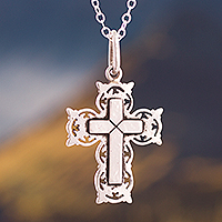 Silver pendant necklace, 'Cross of Beauty' - Openwork Patterns Silver Cross Pendant Necklace from Peru