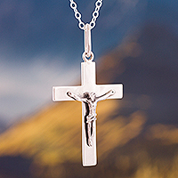 Silver pendant necklace, 'Christ' - Silver Crucifix Pendant Necklace Crafted in Peru