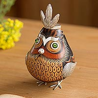 Sterling silver and gourd figurine, 'Shipibo Owl' - Sterling Silver and Gourd Owl Figurine from Peru