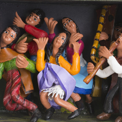 Wood and ceramic retablo, 'Dancing Party' - Dance-Themed Wood and Ceramic Retablo from Peru