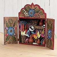 Retablo de madera y cerámica, 'Flower Shop' - Retablo floral de madera y cerámica de Perú