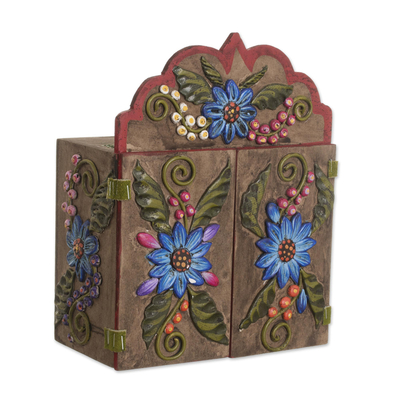 Wood and ceramic retablo, 'Flower Shop' - Floral Wood and Ceramic Retablo from Peru