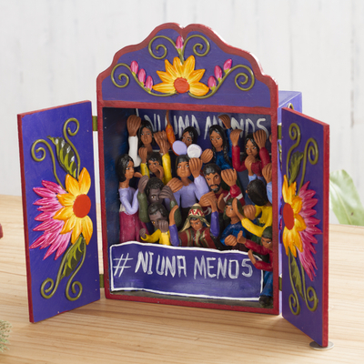 Wood and ceramic retablo, 'Not One Woman Less' - Wood and Ceramic Celebration Retablo from Peru
