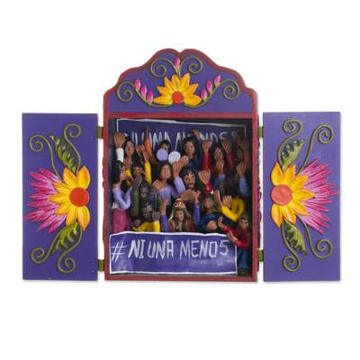Wood and ceramic retablo, 'Not One Woman Less' - Wood and Ceramic Celebration Retablo from Peru