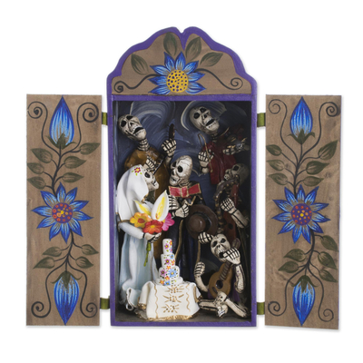 Wood and ceramic retablo, 'Dead Wedding' - Wood and Ceramic Day of the Dead Wedding Retablo from Peru