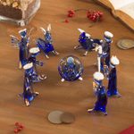 Glass nativity scene, 'Blue Festivity' (10 piece) - Blue Gilded Glass Nativity Scene from Peru (10 Piece)