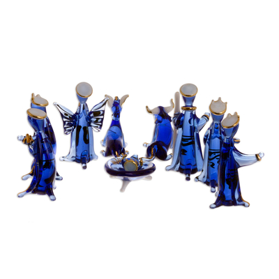 Blue Gilded Glass Nativity Scene from Peru (10 Piece)