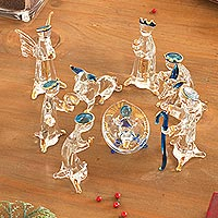 Glass nativity scene, 'Festivity' (10 piece) - Clear Gilded Glass Nativity Scene from Peru (10 Piece)
