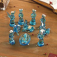 Glass figurines, 'Andean Festivity in Blue' (12 piece) - Blue Gilded Glass Nativity Scene from Peru (12 Piece)