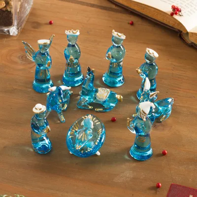 Glass figurines, 'Andean Festivity in Blue' (12 piece) - Blue Gilded Glass Nativity Scene from Peru (12 Piece)