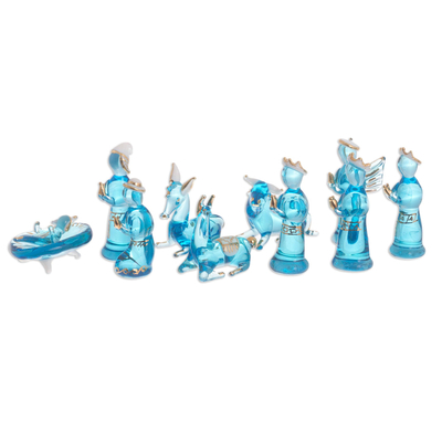 Blue Gilded Glass Nativity Scene from Peru (12 Piece)