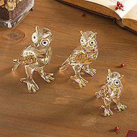 Glass figurines, 'Noble Owls' (set of 3) - Clear Glass Gilded Owl Figurines from Peru (Set of 3)