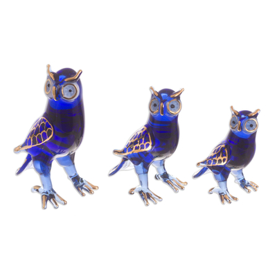 Gilded glass figurines, 'Noble Owls in Blue' (set of 3) - Blue Glass Owl Figurines from Peru (Set of 3)