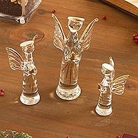 Glass figurines, 'Reverent Angels' (set of 3) - Clear Glass Gilded Angel Figurines from Peru (Set of 3)