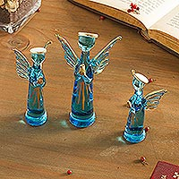 Blue Glass Gilded Angel Figurines from Peru (Set of 3),'Reverent Angels in Blue'