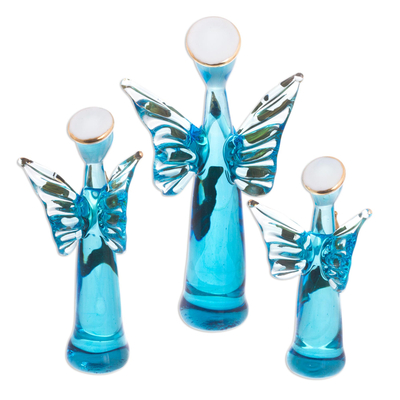 Figuras de cristal, (juego de 3) - Figuras de ángeles dorados de vidrio azul de Perú (juego de 3)