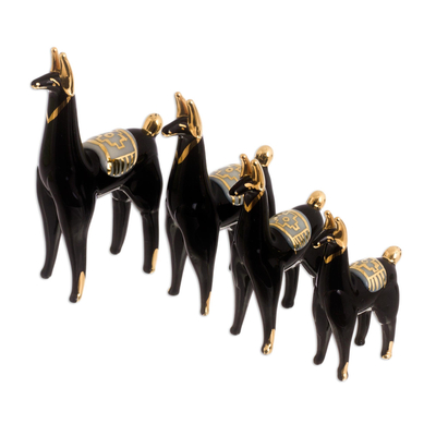 Set of 4 Black Glass Llama Figurines with Gilded Accents