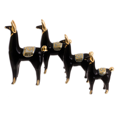 Glasfiguren, (4er-Set) - Set mit 4 Lama-Figuren aus schwarzem Glas mit vergoldeten Akzenten