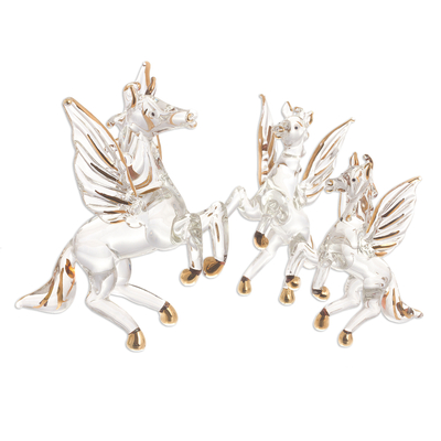 Clear Glass Gilded Pegasus Figurines from Peru (Set of 3)