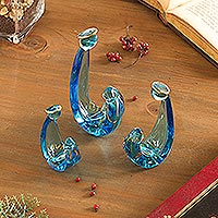 Glass figurines, 'Gleaming Celebration in Blue' (6 piece) - Blue Glass Nativity Figurines from Peru (6 Piece)