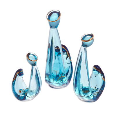 Glass figurines, 'Gleaming Celebration in Blue' (6 piece) - Blue Glass Nativity Figurines from Peru (6 Piece)