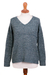 Alpaca blend pullover sweater, 'Mesa Mist' - Azure Blue Baby Alpaca Blend Long Sleeve V-Neck Knit Sweater (image 2a) thumbail