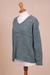 Alpaca blend pullover sweater, 'Mesa Mist' - Azure Blue Baby Alpaca Blend Long Sleeve V-Neck Knit Sweater (image 2e) thumbail