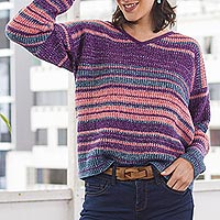 Multi-Color Stripe Alpaca Blend Long Sleeve V-Neck Sweater,'Mesa Sunrise'