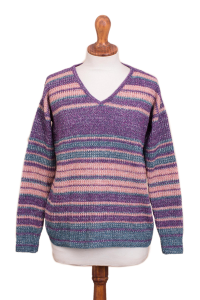 Multi-Color Stripe Alpaca Blend Long Sleeve V-Neck Sweater