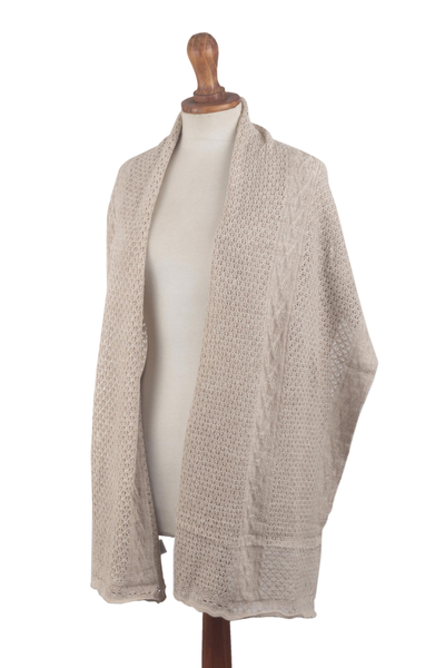 Warm White Alpaca Blend Eyelet and Cable Knit Shawl - Dreamy Mist | NOVICA