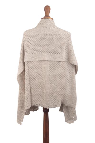 Alpaca blend shawl, 'Dreamy Mist' - Warm White Alpaca Blend Eyelet and Cable Knit Shawl