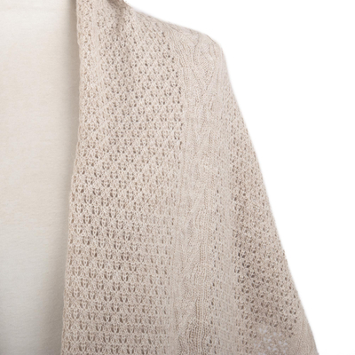 Alpaca blend shawl, 'Dreamy Mist' - Warm White Alpaca Blend Eyelet and Cable Knit Shawl