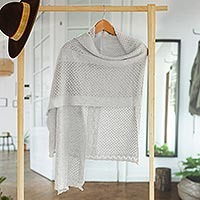 Pearl Grey Alpaca Blend Eyelet and Cable Knit Shawl,'Dewy Mist'