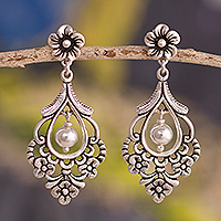 Floral 950 Silver Dangle Earrings Crafted in Peru,'Colonial Flora'