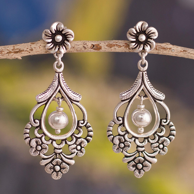 Silver dangle earrings, 'Colonial Flora' - Floral 950 Silver Dangle Earrings Crafted in Peru