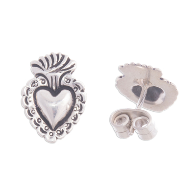 Pendientes de botón de plata, 'Holy Hearts' - Pendientes de botón de plata de corazón religioso 950 de Perú