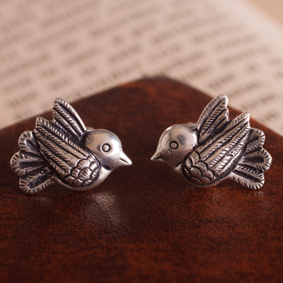 Silver button earrings, 'Imperial Dove' - 950 Silver Dove Button Earrings Crafted in Peru