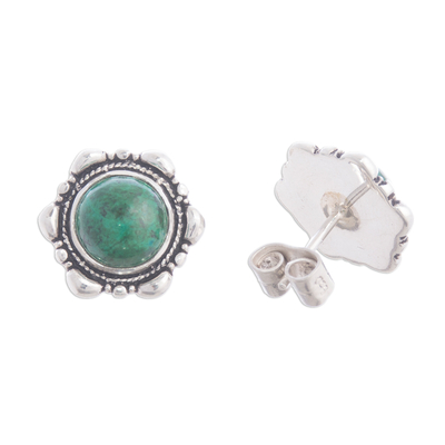 Chrysocolla button earrings, 'Divine Green' - Artisan Crafted Chrysocolla Button Earrings from Peru