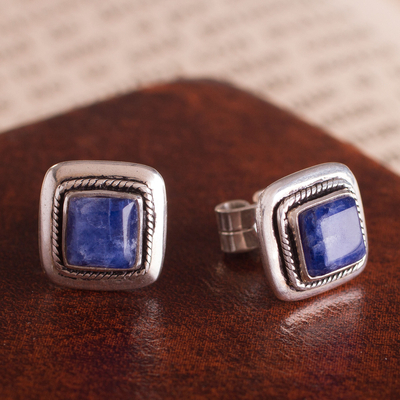 Sodalite stud earrings, 'Blue Dimension' - Square Sodalite and Sterling Silver Stud Earrings from Peru